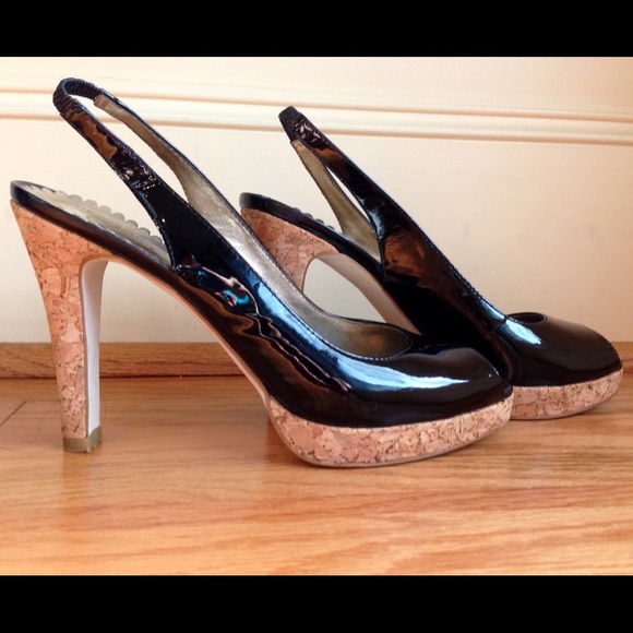 Black Patent Leather Peep Toe Cork Slingback Heel