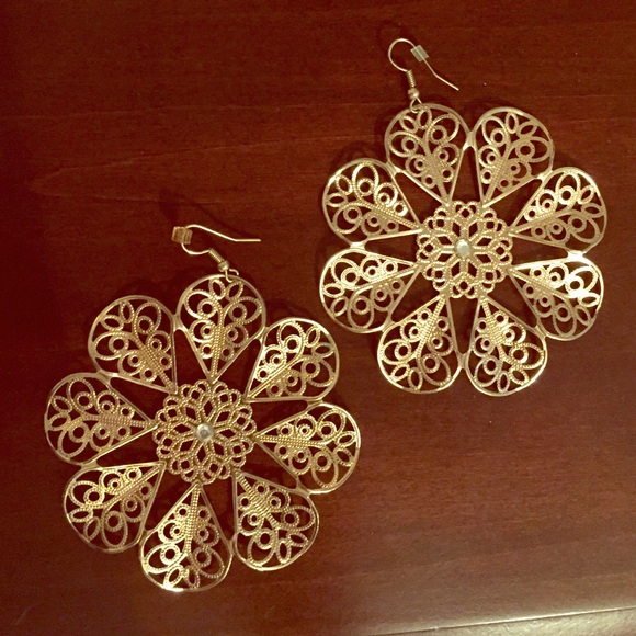 Large Gold Flower Earrings With Stud In Center