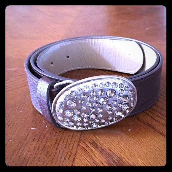 Brown Leather Belt w/ Rhinestone Buckle