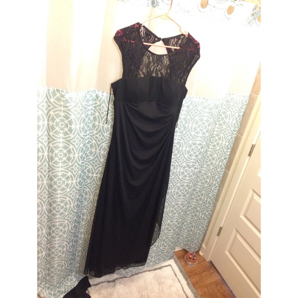 Long black formal dress with lace detail