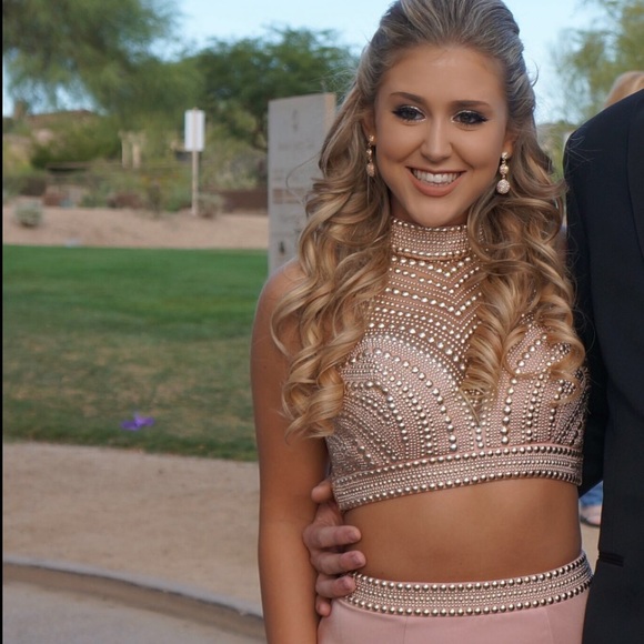 Two piece dusty rose beaded prom dress - Picture 2 of 4