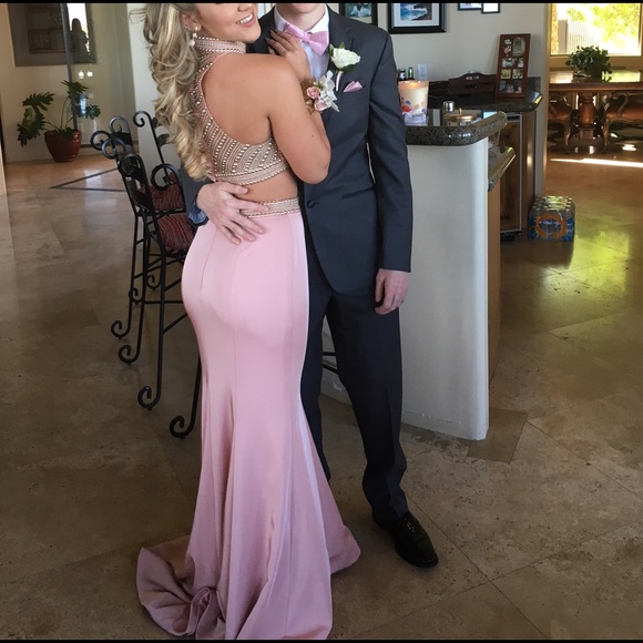 Two piece dusty rose beaded prom dress - Picture 3 of 4