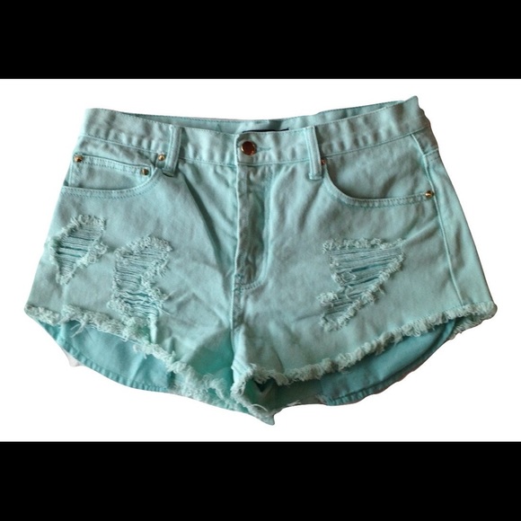 Aqua destroyed jean shorts. Cutoff denim. - Picture 1 of 3