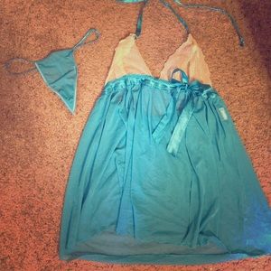 Blue/nude Frederick sheer/lace spilt front chemise