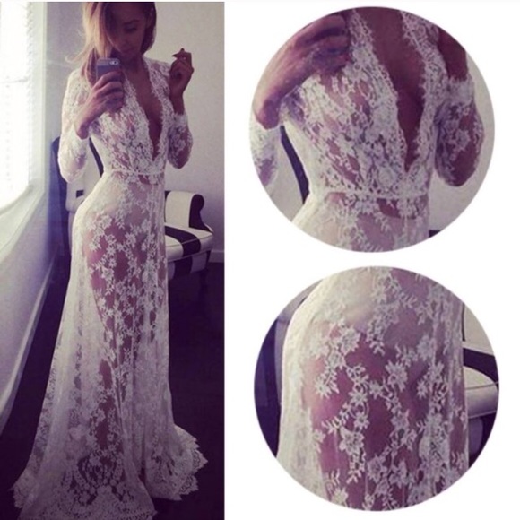 LAST 1 Large! NEW White Lace V Neck Floor Length Dress Maxi Dress - Picture 4 of 14