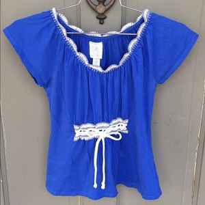 Anthropology Blue Shirt with Crocheted Accents
