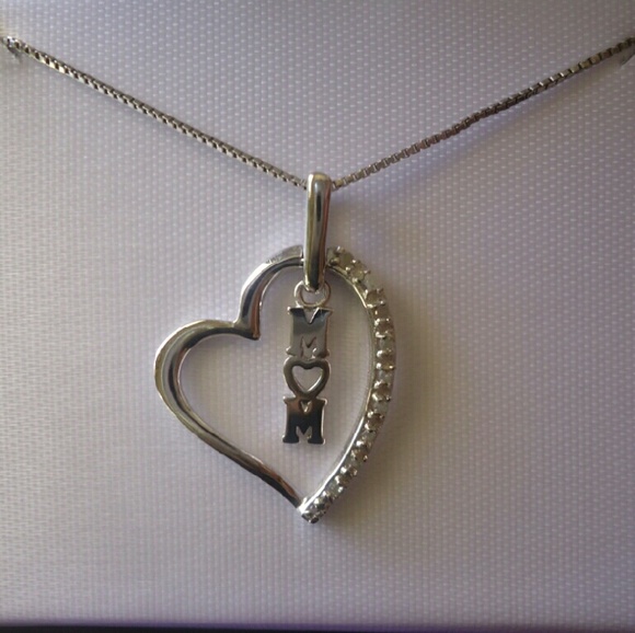 Sterling Silver Diamond Heart and Mom Pendant - Picture 2 of 3