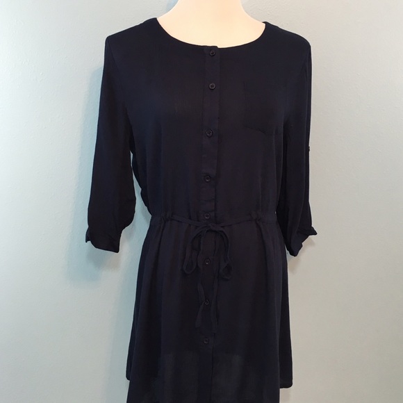 Navy Blue 3/4 Sleeve Shirtdress - Picture 2 of 4