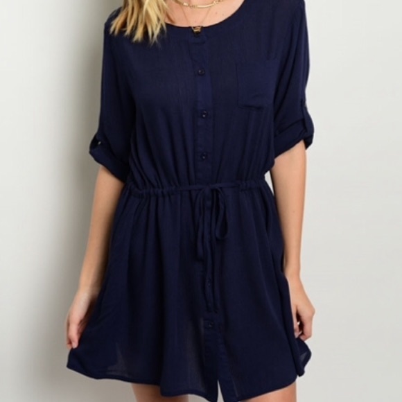 Navy Blue 3/4 Sleeve Shirtdress - Picture 3 of 4
