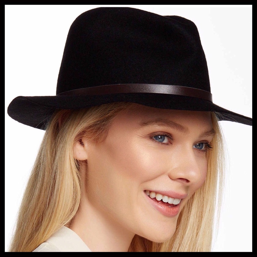 BLACK WIDE BRIM VEGAN LEATHER BAND FEDORA HAT A2C - Picture 1 of 8