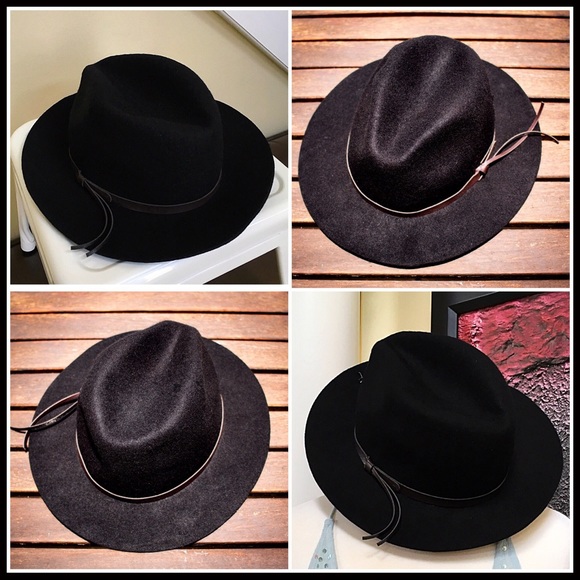 BLACK WIDE BRIM VEGAN LEATHER BAND FEDORA HAT A2C - Picture 5 of 8