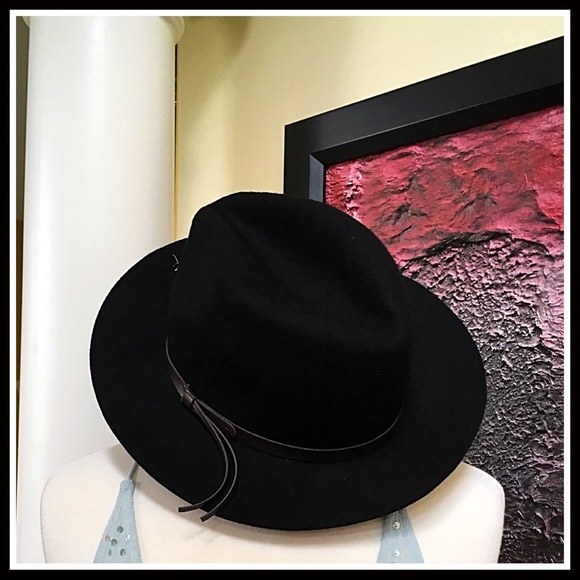 BLACK WIDE BRIM VEGAN LEATHER BAND FEDORA HAT A2C - Picture 3 of 8