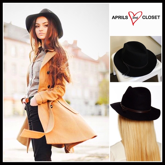 BLACK WIDE BRIM VEGAN LEATHER BAND FEDORA HAT A2C - Picture 2 of 8