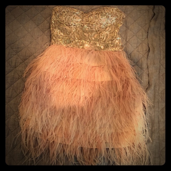 Bebe sequins and feathers mini strapless dress