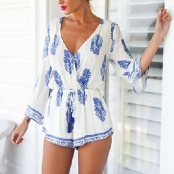 ROMWE Pants - White Long Sleeve Vintage Print Playsuit