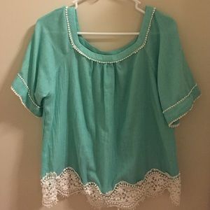 Collective Concepts Teal Lace Trimmed Blouse, M