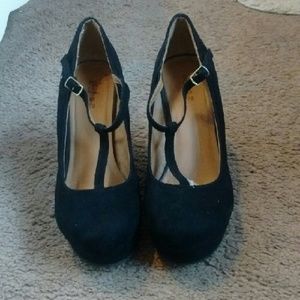 Black faux suede wedges