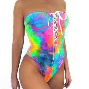 New tie dye velvet strapless lace up bodysuit