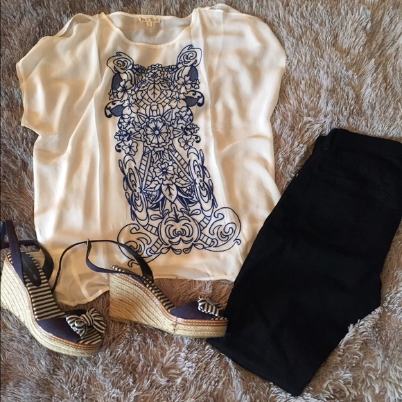 Sheer white blouse with blue lace design.