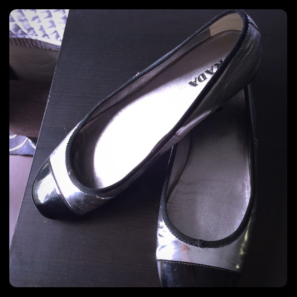 Flash SALE!PRADA Cap Toe Silver Black Ballet Flats