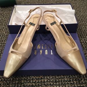 Stuart Weitzman kitten heel fabric and patent heel