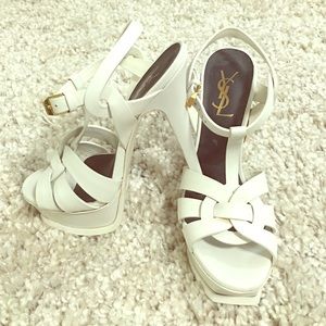 YSL white strappy heels