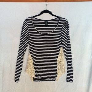 Navy striped tee with lace detailing