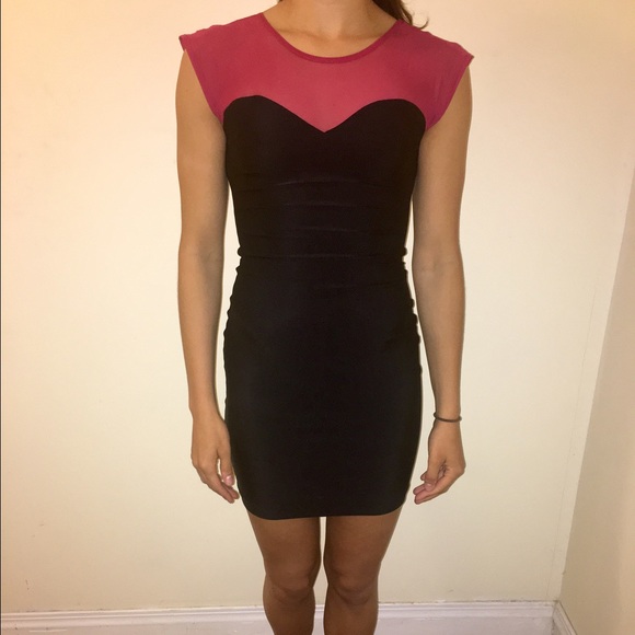 Form fitting black and red mesh mini dress