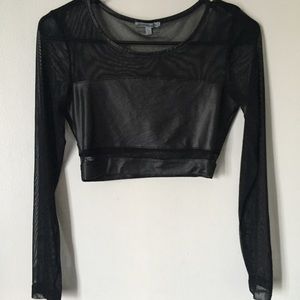 Leather/ Mesh long sleeve crop top