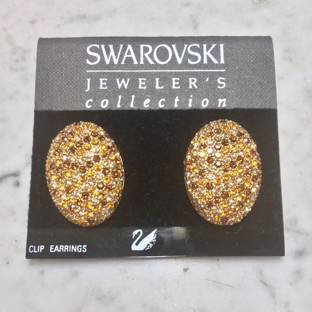 NWT $150 Swarovski Jeweler's Crystal Earrings Vintage Clip On Brown Gold Amber