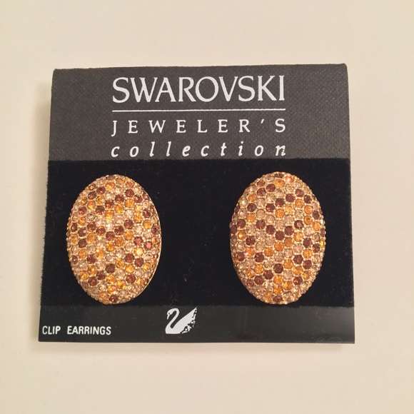 NWT $150 Swarovski Jeweler's Crystal Earrings Vintage Clip On Brown Gold Amber - Picture 2 of 5