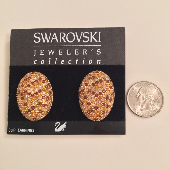 NWT $150 Swarovski Jeweler's Crystal Earrings Vintage Clip On Brown Gold Amber - Picture 3 of 5