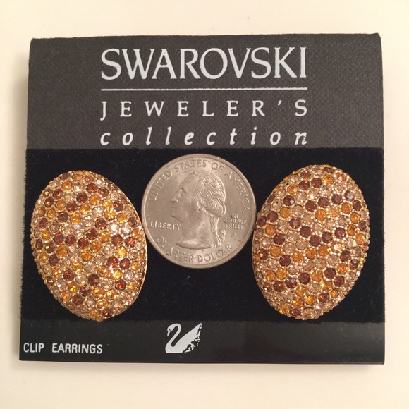 NWT $150 Swarovski Jeweler's Crystal Earrings Vintage Clip On Brown Gold Amber - Picture 4 of 5
