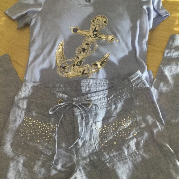 Nautical Design Top n Embellished Linen Pant Set