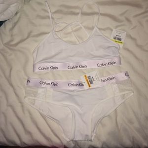 white Calvin Klein bralette and underwear