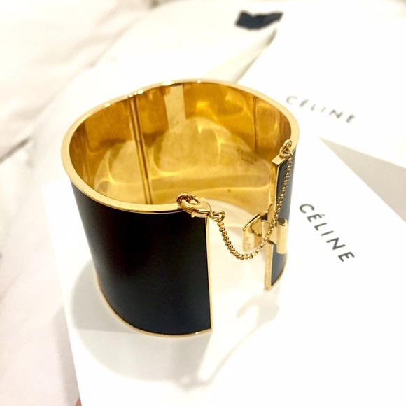 Celine black leather gold cuff bracelet
