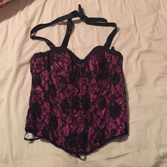 Purple and black lace halter corset