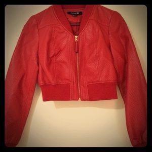 FOREVER 21 RED CROPPED LEATHER JACKET .