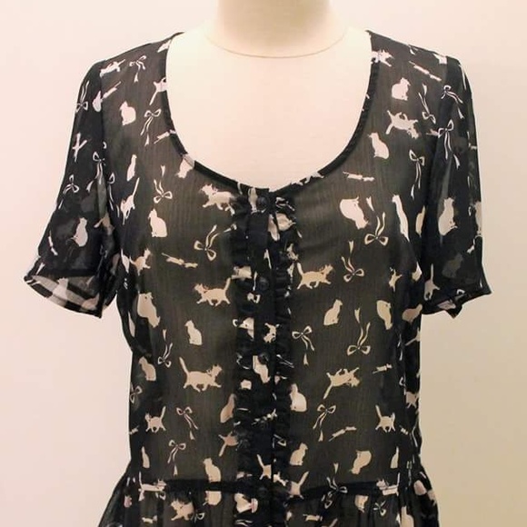 Lily White Sheer Peplum Top with Cat Print