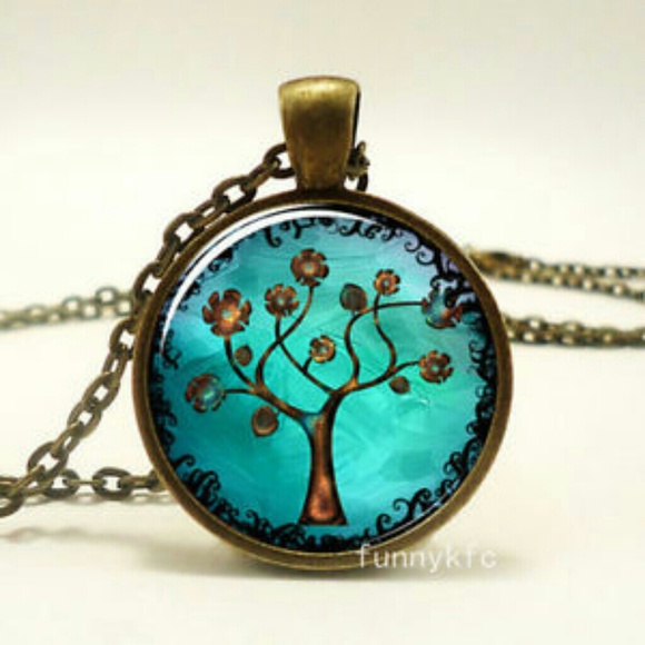 Fashion Jewelry  Jewelry - Glass Front Teal Family Tree Necklace