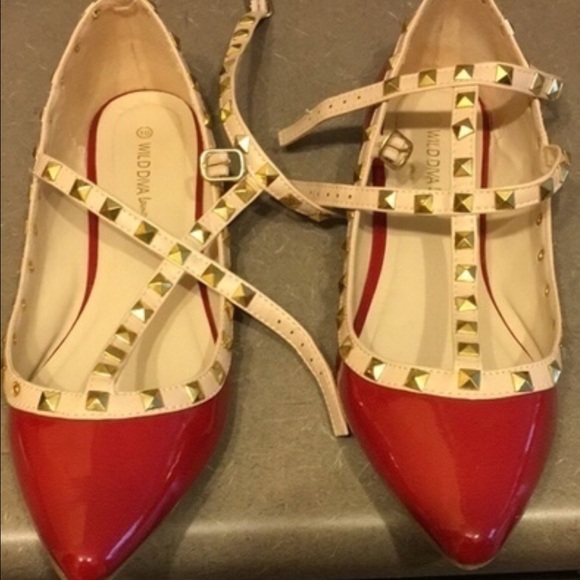 Red Studded Pointed Flats