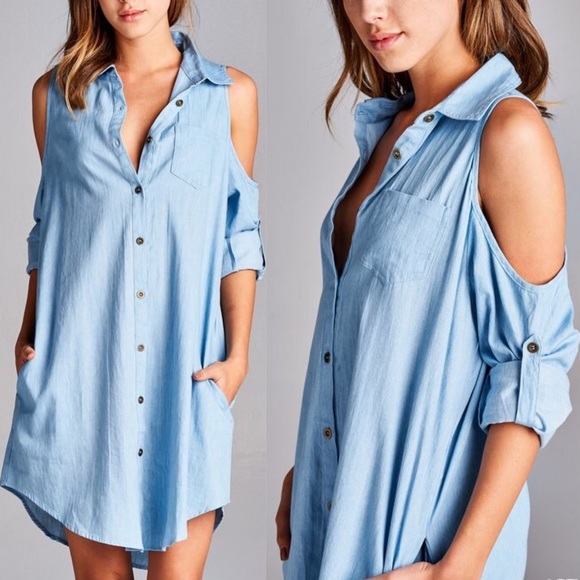 🆕CARABELLE open shoulder denim shirt dress - BLUE - Picture 2 of 4