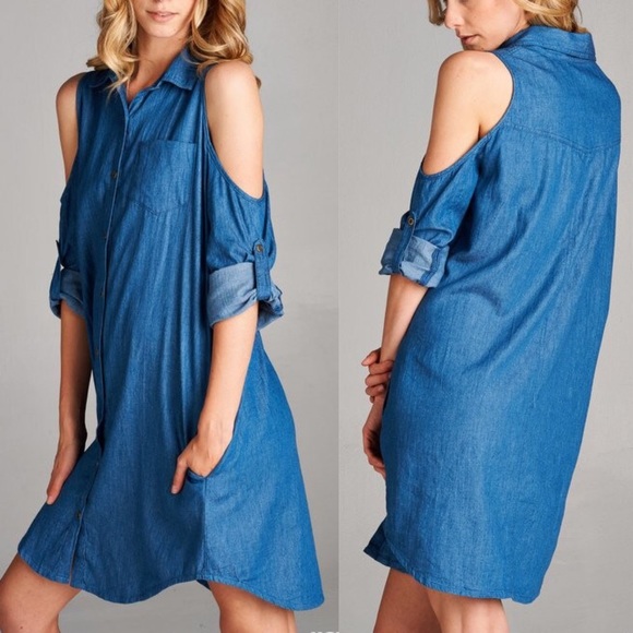 🆕CARABELLE open shoulder denim shirt dress - BLUE - Picture 3 of 4