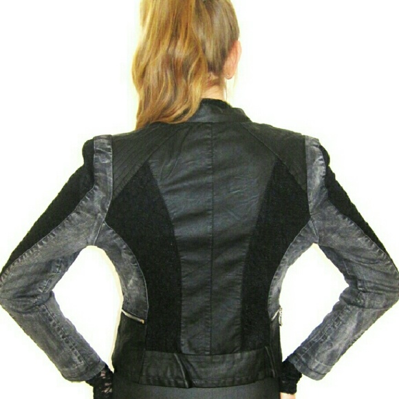 NWT Black Faux Leather Denim Lace Jacket, LARGE - Picture 2 of 4
