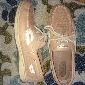 Woman's Sperry Topsider woven boat shoe in tan