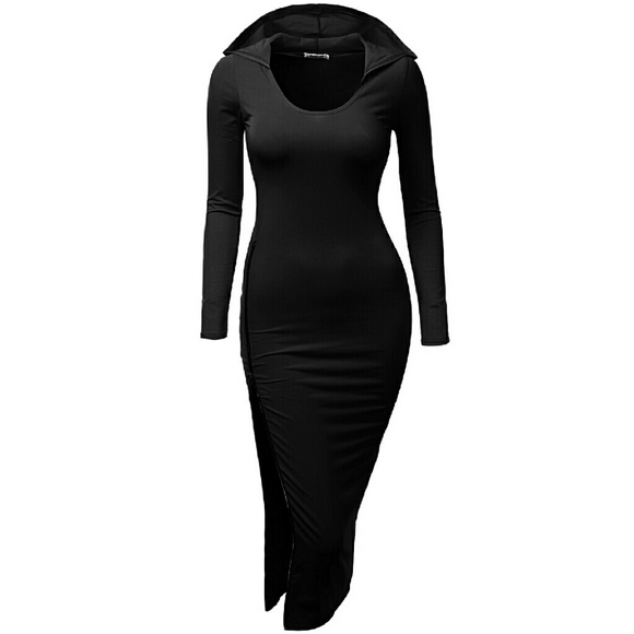 Black hooded midi dress