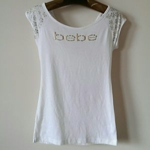 BEBE tee shirt White with Gold embelished