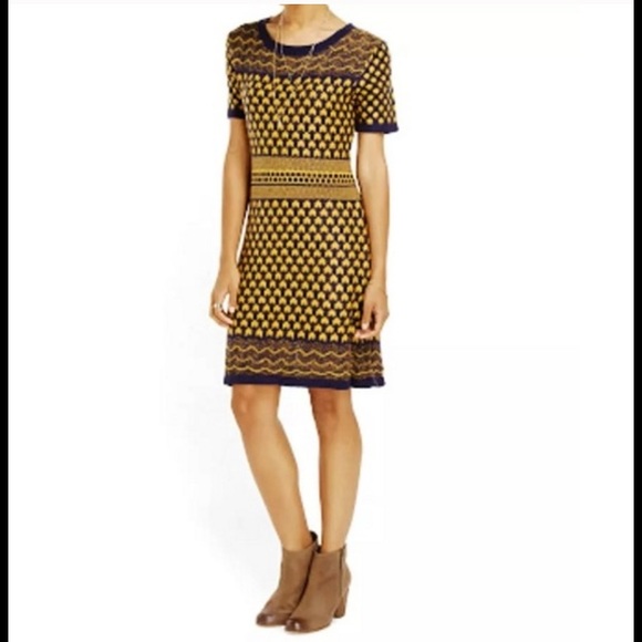 Mustard yellow/navy pattern knit sweater dress