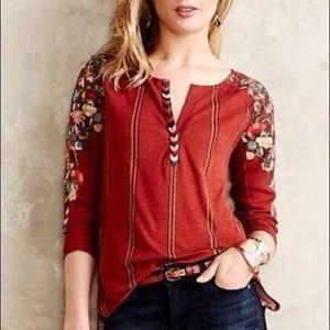 Anthropologie Tiny Embroidered Floral Henley Sz S