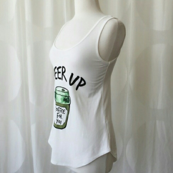🆕CHEER UP…Coffee For You White Low Cut Draped Tank Top Fit Like A Dream NWT - Picture 2 of 3